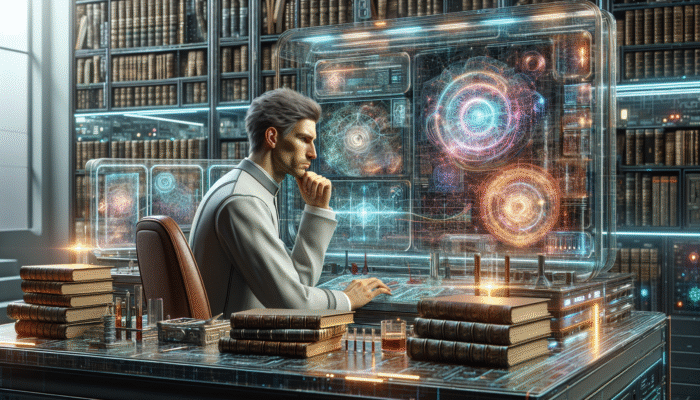 A scientist analysing data on a large screen in a modern lab, surrounded by books and journals.