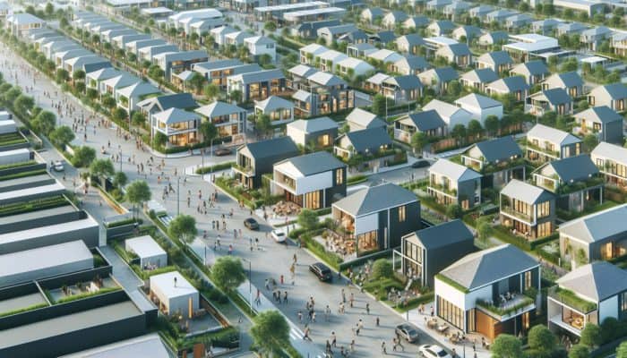 Aerial view of a vibrant neighbourhood featuring modern entry-level homes and green spaces.