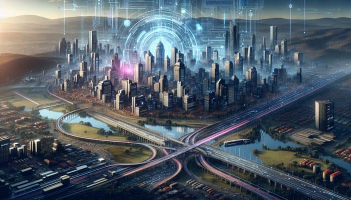 Futuristic Pietermaritzburg skyline featuring new transport routes and modern commercial developments enhancing urban renewal.