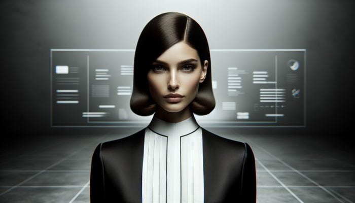 Person with sleek center-parted hairstyle, in classic black and white outfit, against minimalist background.