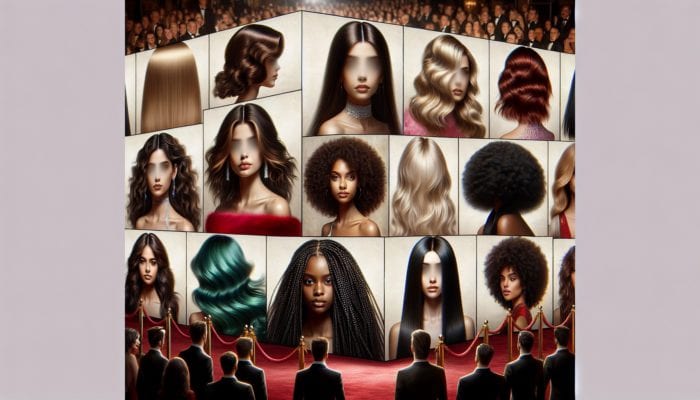 Montage of celebrities with centre-parting hairstyles, from sleek to wavy, on a red carpet.