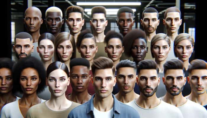 A diverse group with center-parted hairstyles enhancing their features, showing symmetry and natural beauty.