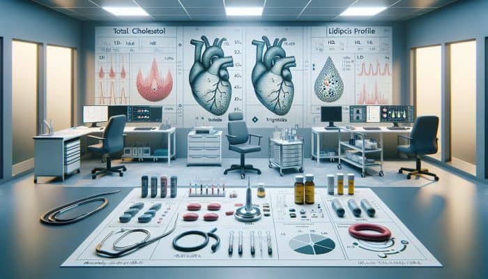 Cholesterol Blood Test in Hinckley: Illustration comparing total cholesterol test and lipid profile, showing LDL, HDL, triglycerides in a clinical setting.