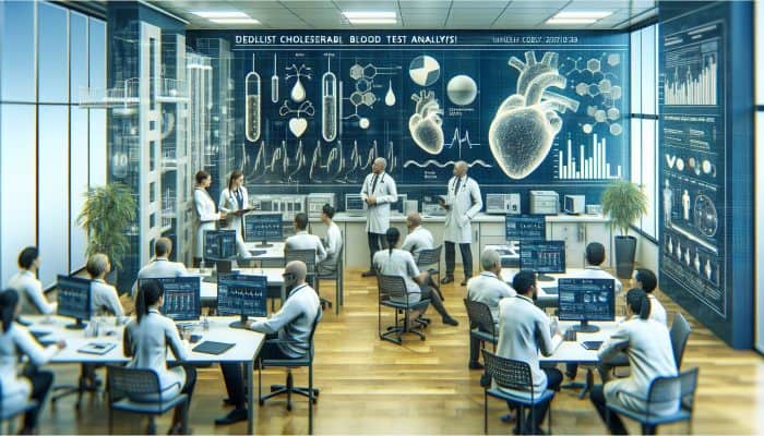 A detailed cholesterol blood test chart in a Hinckley clinic with doctors discussing results.