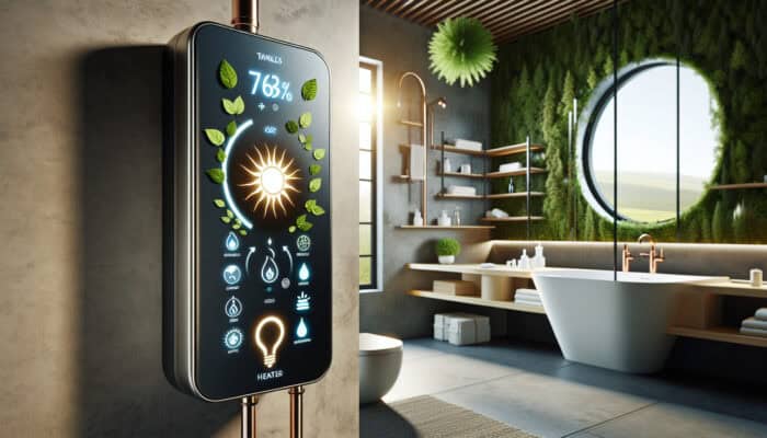 A modern tankless water heater in an eco-friendly bathroom, with energy efficiency graphs displayed on a digital screen.