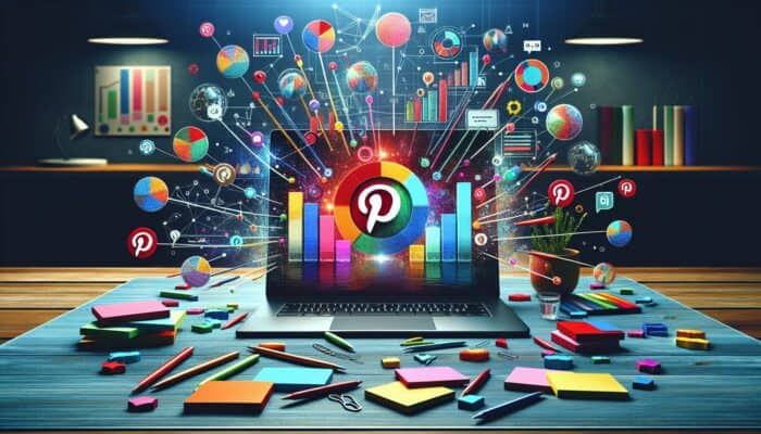 A laptop showing Pinterest video pins, surrounded by strategy charts, traffic graphs, and colorful sticky notes in a modern office.