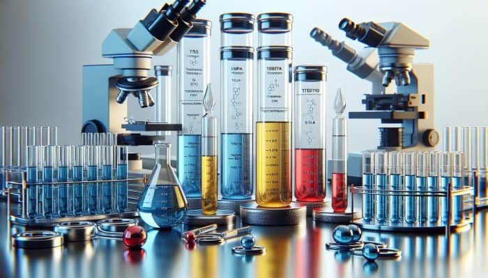 A medical lab scene with test tubes and charts, focusing on testosterone, haematocrit, and PSA levels for TRT monitoring.