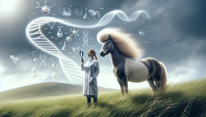 A scientist examines a wind-resistant pony on a breezy hillside, surrounded by breeding charts and genetic diagrams.