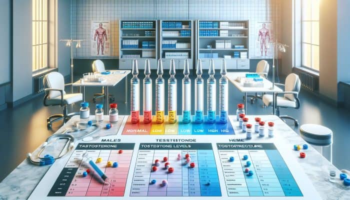 A medical chart showing testosterone levels for males and females, categorized and color-coded, in a clinic setting.