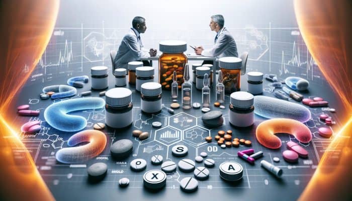 A doctor and patient discussing medications affecting testosterone levels, surrounded by labeled drug bottles and a testosterone chart.