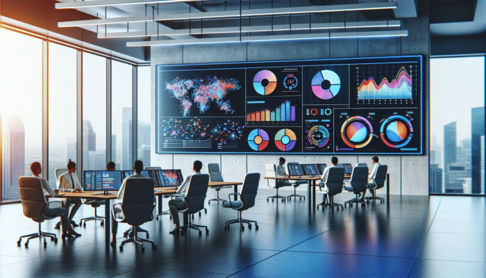 A digital dashboard showing SEO performance metrics with graphs and charts in a modern office setting.