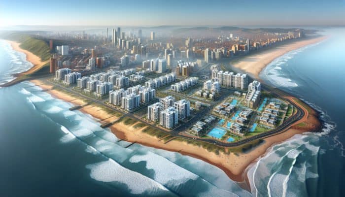 Aerial view of Durban's affordable coastal neighbourhoods with beaches, parks, and modern apartments.