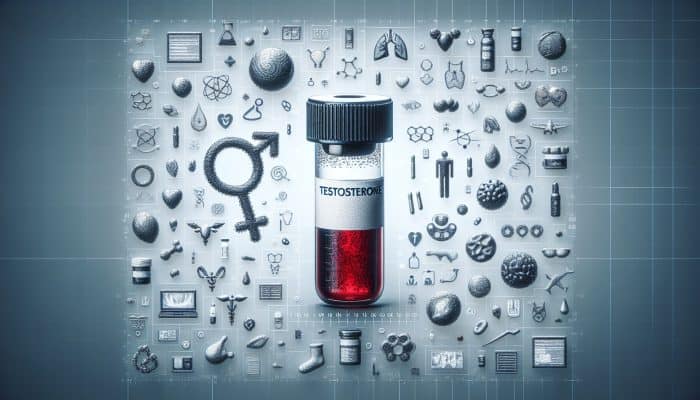 Testosterone Blood Test in Maidstone: A medical illustration of a testosterone blood test with a vial of blood, molecules, and diagnostic charts.