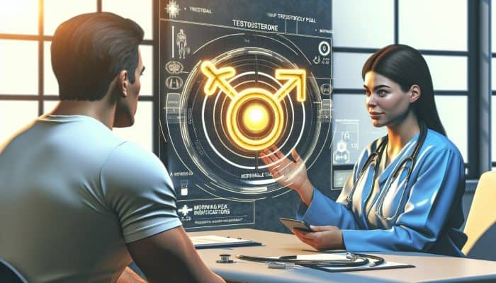 A medical chart showing testosterone ranges for men and women, with a doctor explaining results to a patient.