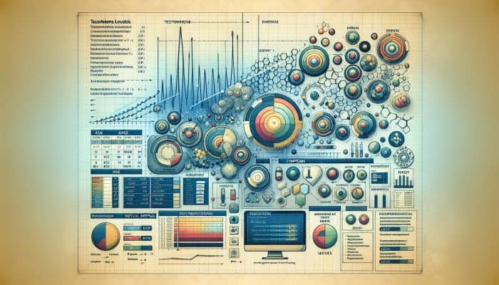 A medical chart showing testosterone levels with color-coded normal ranges, age, health profile, symptoms, and medical history notes.
