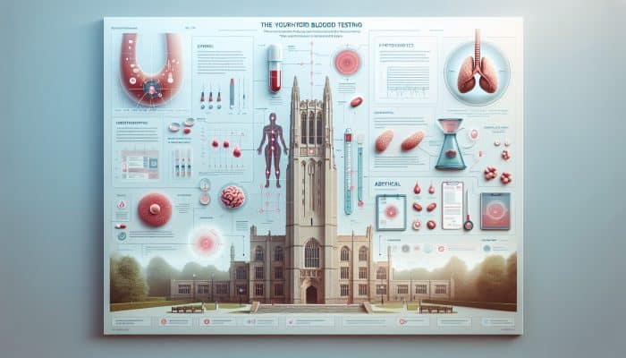 Infographic with expert thyroid testing insights, Loughborough's Carillon Tower in background.