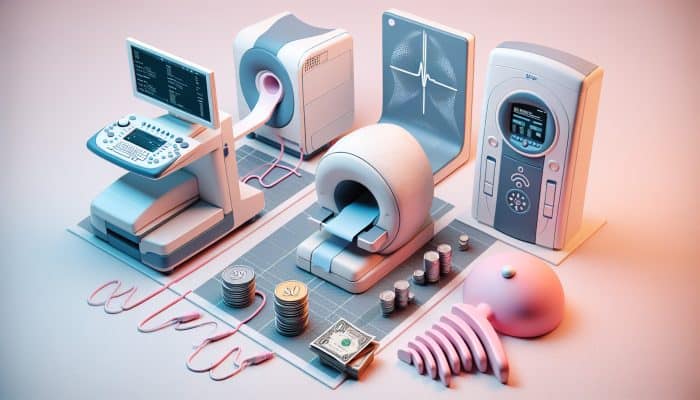 Cost of Breast Cancer Screenings: Mammogram machine, ultrasound device, and MRI scanner labeled with UK costs for breast cancer screening.