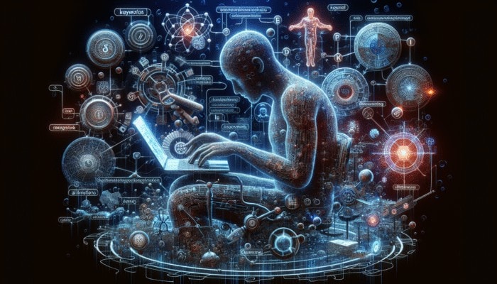 A person optimizing SEO on a laptop with floating keywords and graphs against a network background.