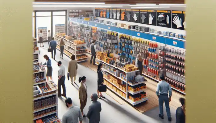 Buy Latex Gauntlet Gloves in Havant: A busy Havant hardware store with safety equipment, including gloves, on display, customers and staff visible.