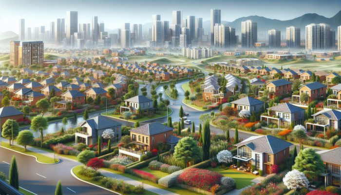 A vibrant real estate scene in Makhanda with mid-level homes, essential services, and lush gardens.