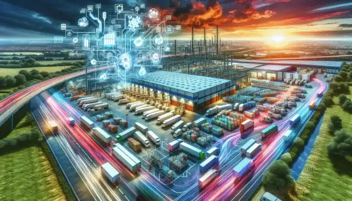 Basingstoke distribution hub with powder-free vinyl gloves transported via M3, surrounded by diverse industries under a vibrant UK skyline.