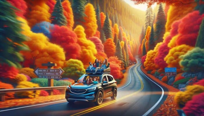 A compact car and an SUV with a family enjoying fall foliage on winding roads.