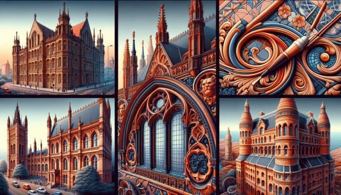 Collage of UK terracotta: Gothic Revival in Yorkshire, classical at British Museum, vibrant in Edinburgh, coastal restoration.