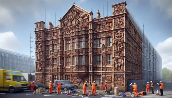 UK building with cracked terracotta features being inspected and reinforced by professionals.