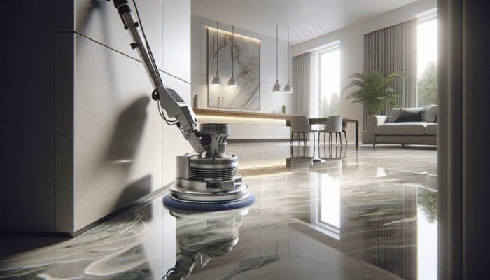 Sleek modern stone floor polisher enhancing shine of luxurious marble floor in UK home.