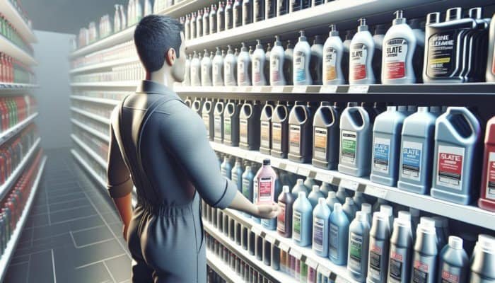 A person compares slate cleaners in a hardware store, focusing on effectiveness and suitability.