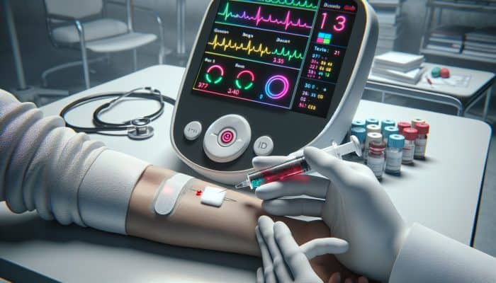 Diabetes Blood Test in Bicester: Medical professional drawing blood from a patient's arm, with a glucometer showing glucose levels in a clinic.