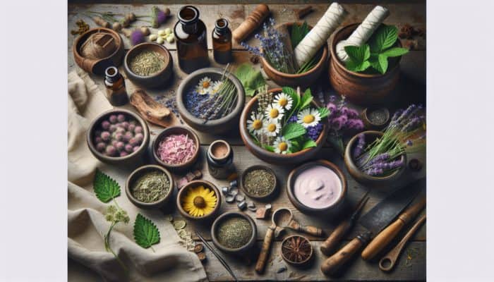 Bowls of comfrey, chamomile, lavender, plantain, yarrow, and marshmallow root on a rustic table with UK poultice tools.