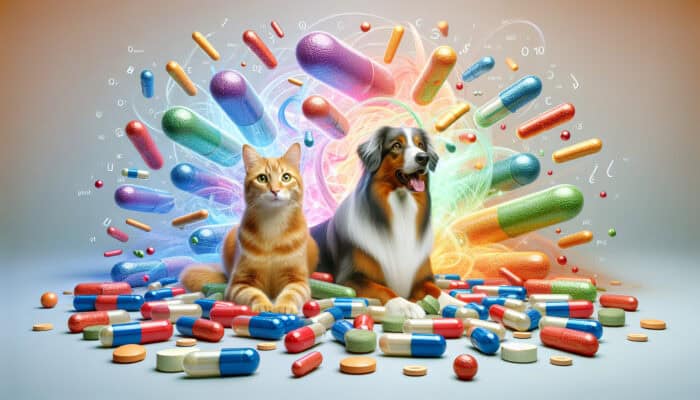 Colorful probiotic capsules around a happy dog and cat, with swirling bacterial strains.