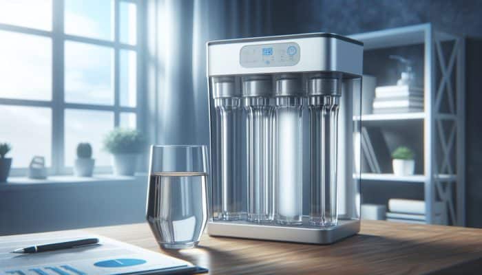 Water Filter Maintenance: A glass of pure water beside a modern, well-maintained water filter in a serene home setting.