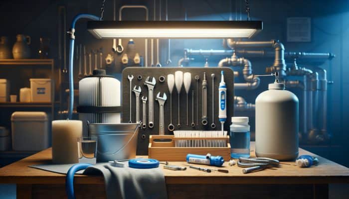 A toolkit on a workbench with filter wrench, brushes, bucket, hoses, and pH test strips for water filter maintenance.