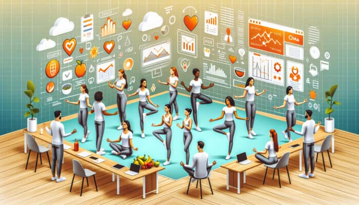 A group of virtual assistants practicing yoga and meditation in a modern office, surrounded by health symbols.