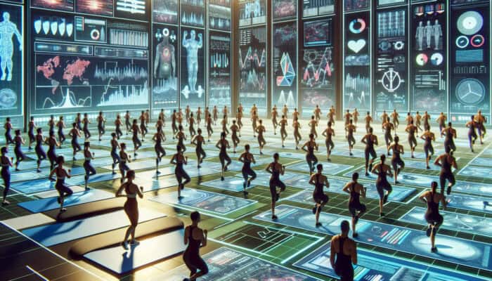 Diverse virtual assistants participating in personalized fitness challenges in a modern, accessible virtual environment.