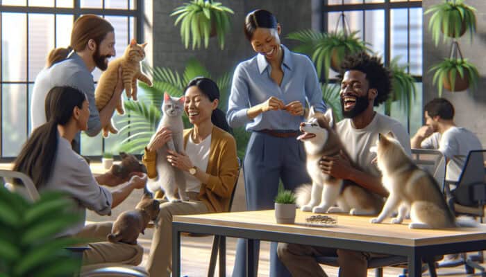 A serene office with employees and pets like dogs and cats, promoting mental well-being.