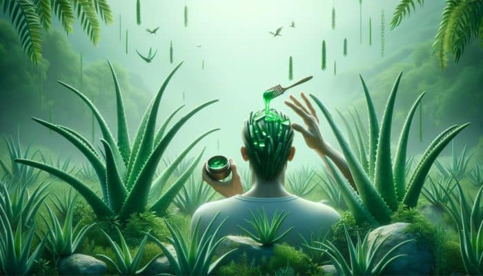 Person applying aloe vera gel to scalp, surrounded by lush plants in a green, natural setting.
