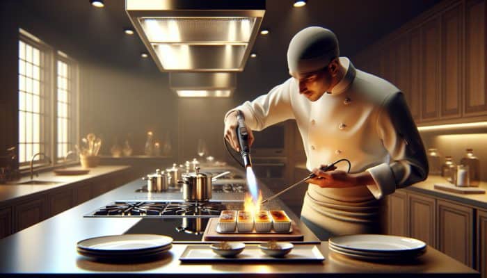 A chef caramelizing crème brûlée with a blowtorch in a high-end kitchen.