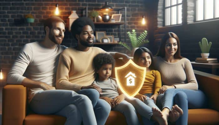 Emergency Cash Reserves: A family feels secure with a golden shield of emergency cash reserves protecting them from financial storms.