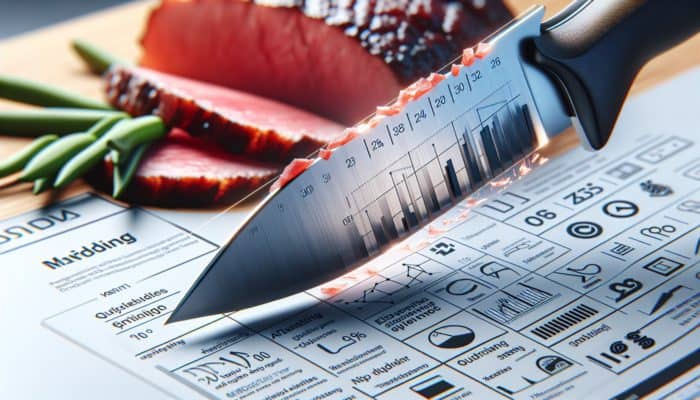 A sharp knife slicing meat precisely, showcasing high-quality steel and polished edge.