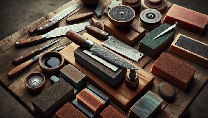 Various sharpening stones on a wooden table with a BBQ carving knife being sharpened, showing different grits and finishes.