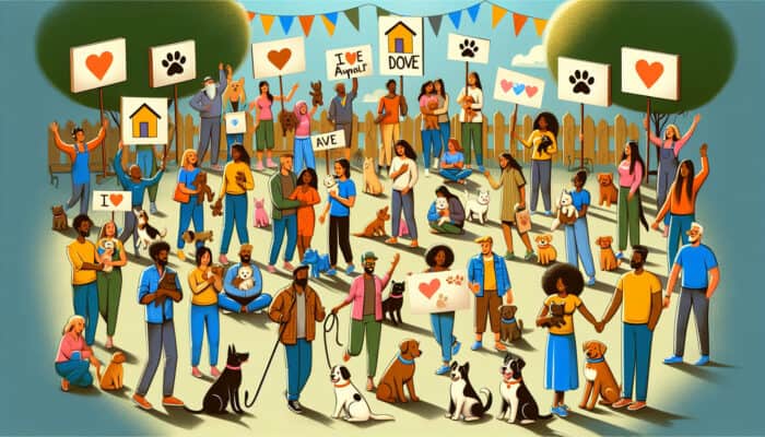 A vibrant community event celebrating pet awareness with happy pets, adoption banners, and sunny skies.