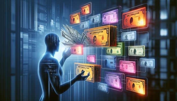 Debt Consolidation Loan Reviews and Ratings: UK Guide | DCL Debt Consolidation Loan Reviews and Ratings: A person consolidating various colorful bills and cards into one clear loan document, symbolising financial relief.