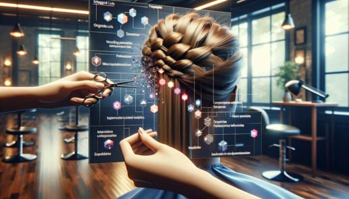 Close-up of skilled hands meticulously creating intricate micro braids with precise cuts in a salon setting.