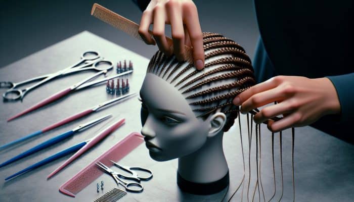 Hands skillfully using a rat-tail comb to section hair evenly for micro braids, with a mannequin head displaying well-tensioned braids and precise cuts.