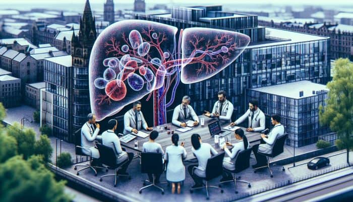 Infographic of liver blood test results analyzed by experts in a modern Glasgow clinic with Scottish architecture.