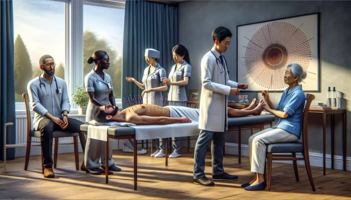 A serene British clinic with Japanese and Chinese acupuncture elements, diverse patients and practitioners, symbolizing NHS integration.