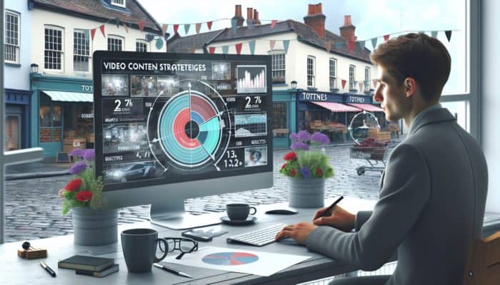A small business owner in Totnes planning video content strategy with local market elements and goal-setting visuals.